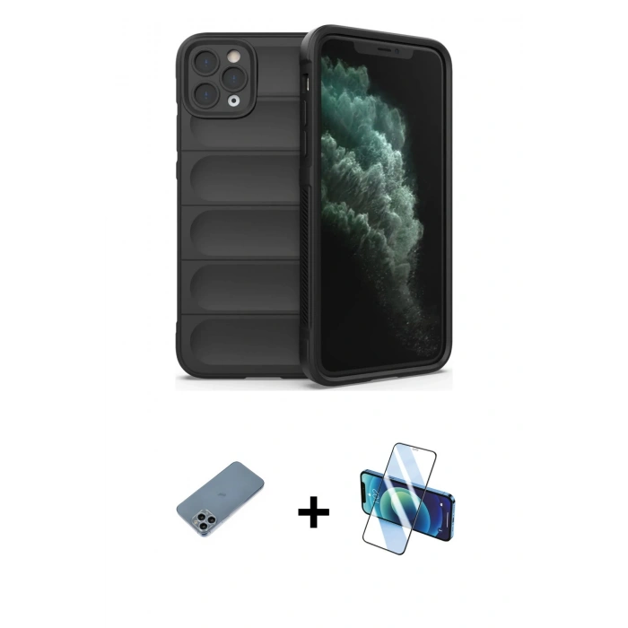 MARSİLYAN™- iPhone 11 Pro Kılıf Atlas Koleksiyonu - Siyah 3D Antistatik Seramik Nano Ekran Koruyucu + Shine Kamera Lens Koruma Cam - SABE