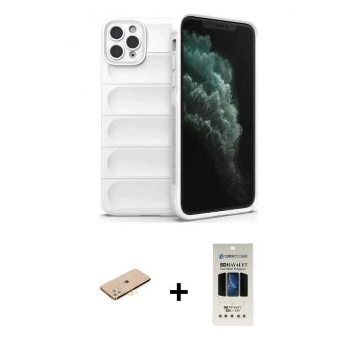 MARSİLYAN™- iPhone 11 Pro Kılıf Atlas Koleksiyonu - Siyah 5D Hayalet Cam Ekran Koruyucu + Renkli Kamera Lens Koruma Cam - PE