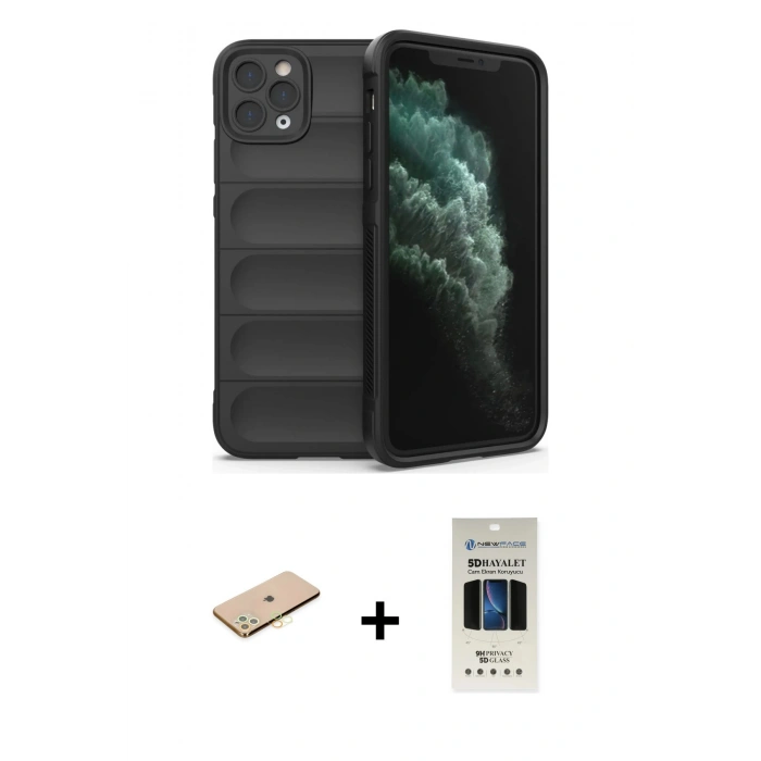 MARSİLYAN™- iPhone 11 Pro Kılıf Atlas Koleksiyonu - Siyah 5D Hayalet Cam Ekran Koruyucu + Renkli Kamera Lens Koruma Cam - PE