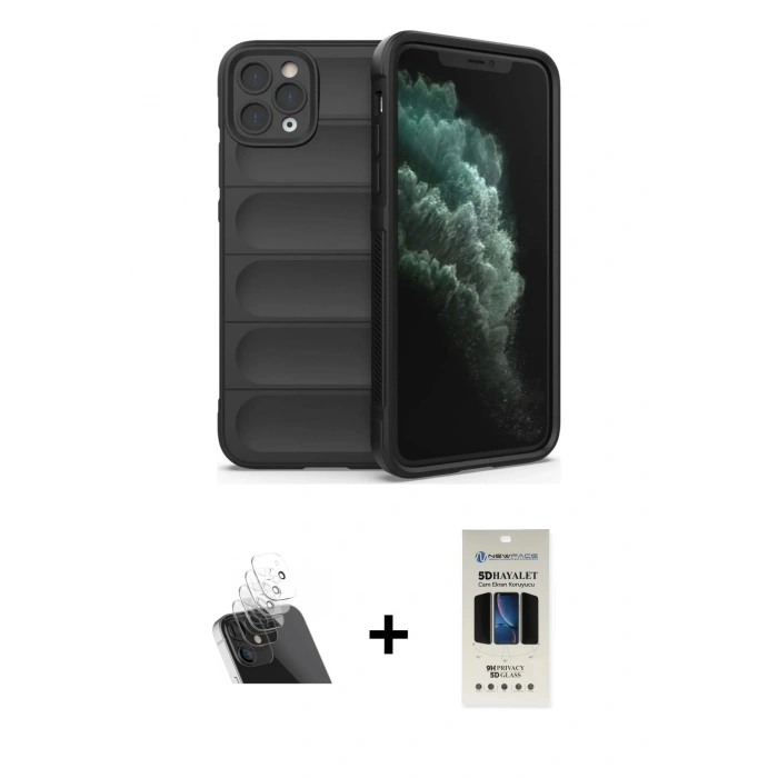 MARSİLYAN™- iPhone 11 Pro Kılıf Atlas Koleksiyonu - Siyah 5D Hayalet Cam Ekran Koruyucu + Kamera Lens Koruma Cam - SF