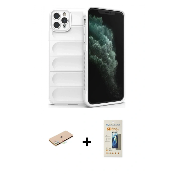 MARSİLYAN™- iPhone 11 Pro Kılıf Atlas Koleksiyonu - Siyah 6D Mat Seramik Hayalet Nano Ekran Koruyucu + Renkli Kamera Lens Koruma Cam - MI