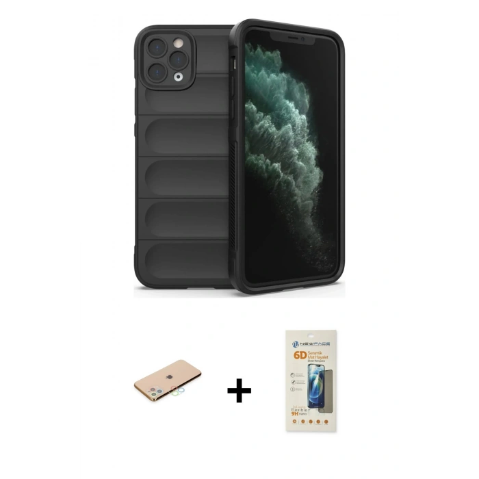 MARSİLYAN™- iPhone 11 Pro Kılıf Atlas Koleksiyonu - Siyah 6D Mat Seramik Hayalet Nano Ekran Koruyucu + Renkli Kamera Lens Koruma Cam - MI