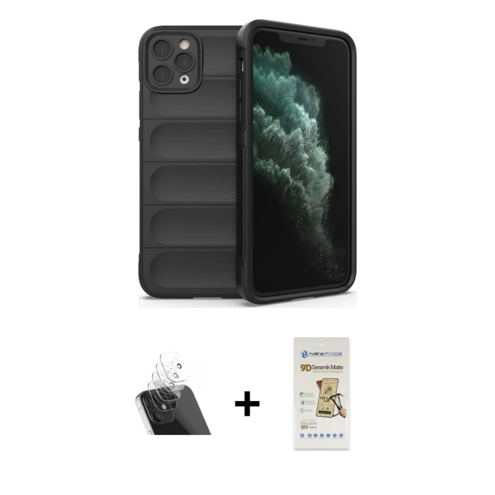 MARSİLYAN™- iPhone 11 Pro Kılıf Atlas Koleksiyonu - Siyah Mat Seramik Nano Ekran Koruyucu + Kamera Lens Koruma Cam - SF