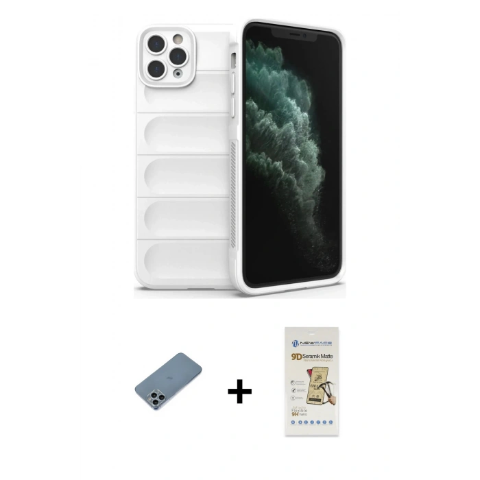 MARSİLYAN™- iPhone 11 Pro Kılıf Atlas Koleksiyonu - Siyah Mat Seramik Nano Ekran Koruyucu + Shine Kamera Lens Koruma Cam - SABE