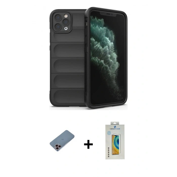 MARSİLYAN™- iPhone 11 Pro Kılıf Atlas Koleksiyonu - Siyah Polymer Nano Ekran Koruyucu + Shine Kamera Lens Koruma Cam - PE