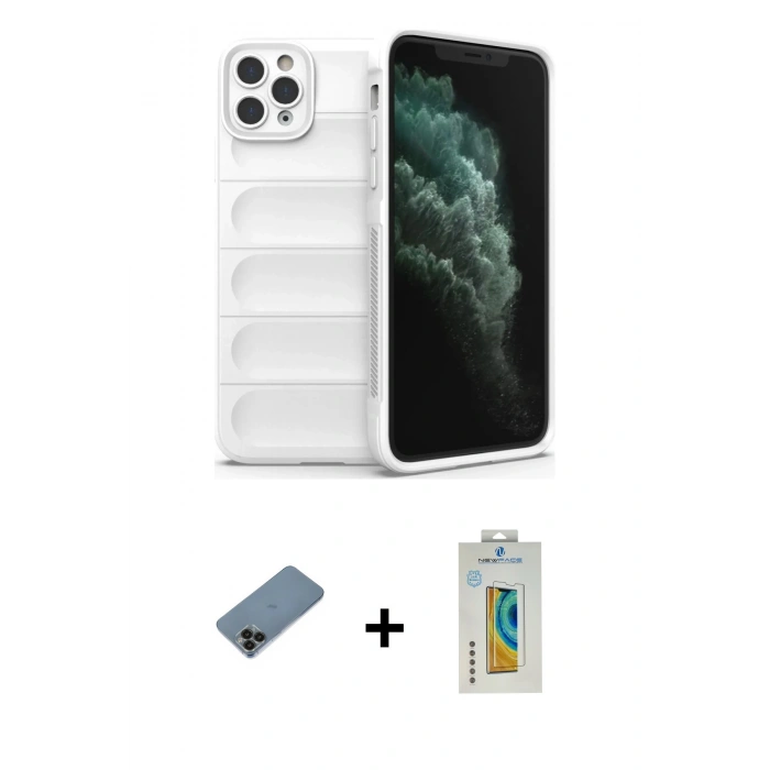 MARSİLYAN™- iPhone 11 Pro Kılıf Atlas Koleksiyonu - Siyah Polymer Nano Ekran Koruyucu + Shine Kamera Lens Koruma Cam - SH