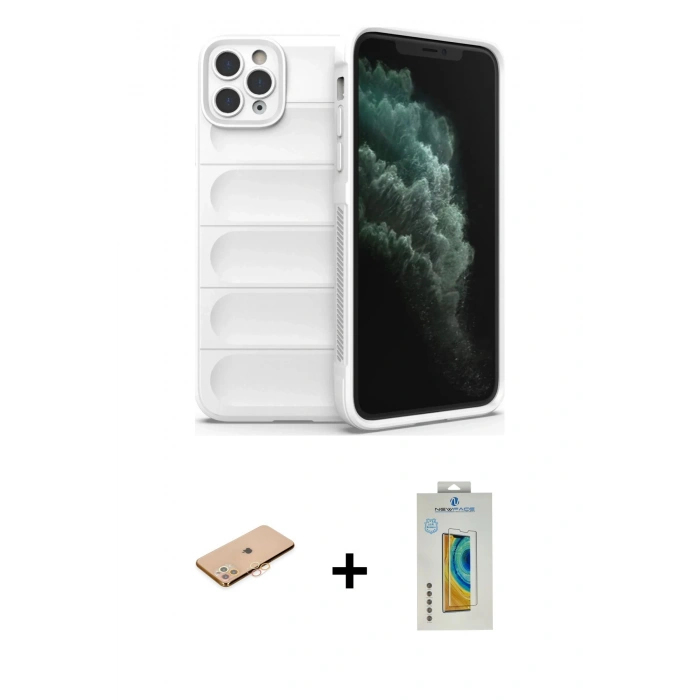 MARSİLYAN™- iPhone 11 Pro Kılıf Atlas Koleksiyonu - Siyah Polymer Nano Ekran Koruyucu + Renkli Kamera Lens Koruma Cam - TU