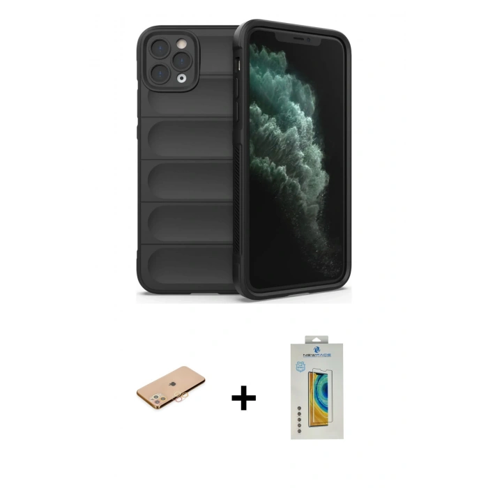 MARSİLYAN™- iPhone 11 Pro Kılıf Atlas Koleksiyonu - Siyah Polymer Nano Ekran Koruyucu + Renkli Kamera Lens Koruma Cam - TU