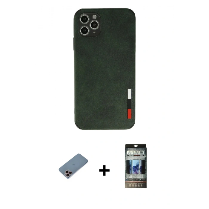 MARSİLYAN™- iPhone 11 Pro Kılıf Doruk Asil Koleksiyonu - Siyah 34D Hayalet Izgaralı Cam + Shine Kamera Lens Koruma Cam - PE