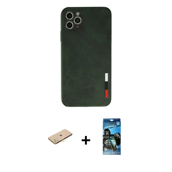 MARSİLYAN™- iPhone 11 Pro Kılıf Doruk Asil Koleksiyonu - Siyah 34D Izgaralı Cam + Renkli Kamera Lens Koruma Cam - PE