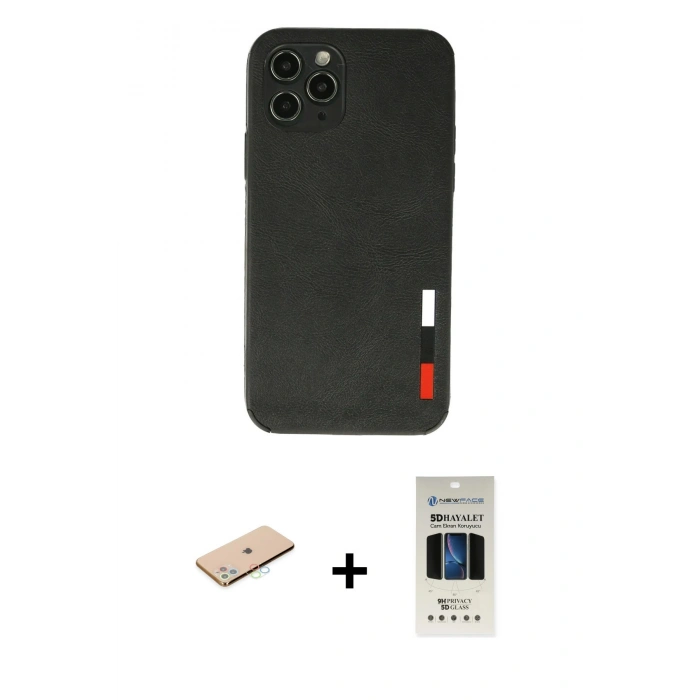 MARSİLYAN™- iPhone 11 Pro Kılıf Doruk Asil Koleksiyonu - Siyah 5D Hayalet Cam Ekran Koruyucu + Renkli Kamera Lens Koruma Cam - MI