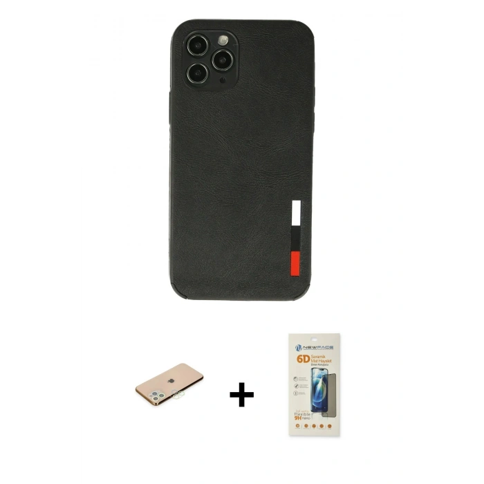MARSİLYAN™- iPhone 11 Pro Kılıf Doruk Asil Koleksiyonu - Siyah 6D Mat Seramik Hayalet Nano Ekran Koruyucu + Renkli Kamera Lens Koruma Cam - YL