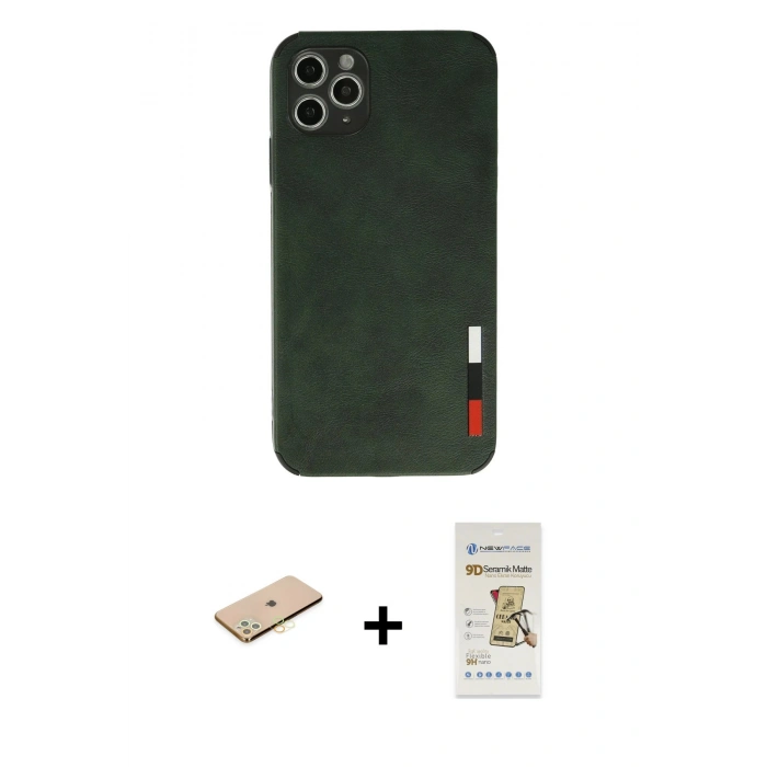 MARSİLYAN™- iPhone 11 Pro Kılıf Doruk Asil Koleksiyonu - Siyah Mat Seramik Nano Ekran Koruyucu + Renkli Kamera Lens Koruma Cam - SI