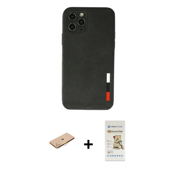 MARSİLYAN™- iPhone 11 Pro Kılıf Doruk Asil Koleksiyonu - Siyah Mat Seramik Nano Ekran Koruyucu + Renkli Kamera Lens Koruma Cam - TU
