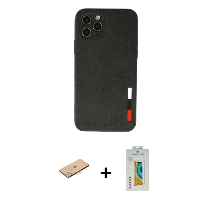 MARSİLYAN™- iPhone 11 Pro Kılıf Doruk Asil Koleksiyonu - Siyah Polymer Nano Ekran Koruyucu + Renkli Kamera Lens Koruma Cam - TU