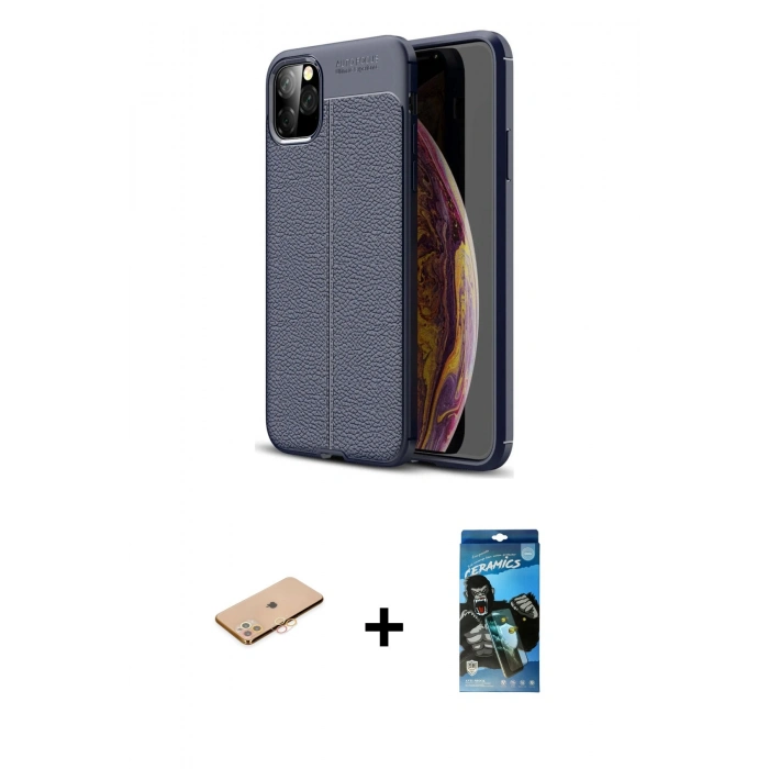 MARSİLYAN™- iPhone 11 Pro Kılıf Doruk Klasik Özel Seri - Siyah 34D Izgaralı Cam + Renkli Kamera Lens Koruma Cam - TU