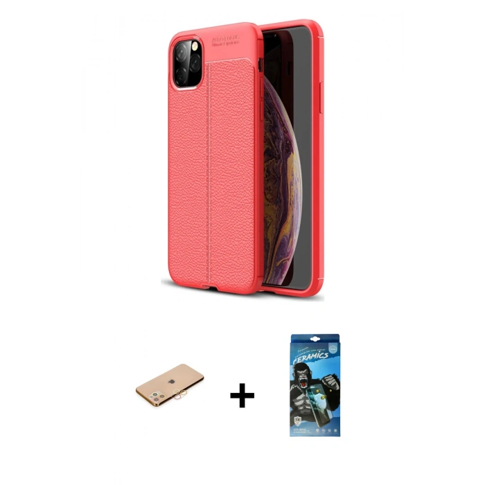 MARSİLYAN™- iPhone 11 Pro Kılıf Doruk Klasik Özel Seri - Siyah 34D Izgaralı Cam + Renkli Kamera Lens Koruma Cam - TU
