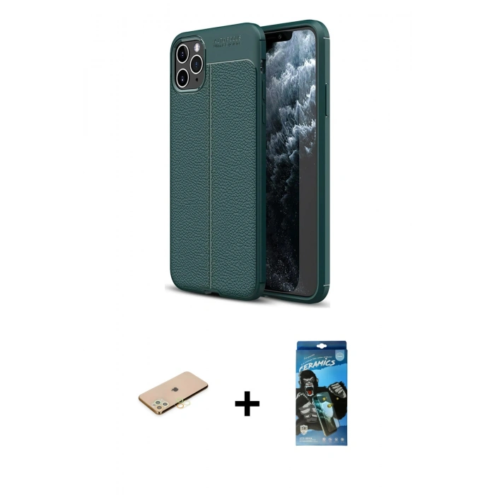 MARSİLYAN™- iPhone 11 Pro Kılıf Doruk Klasik Özel Seri - Siyah 34D Izgaralı Cam + Renkli Kamera Lens Koruma Cam - SI