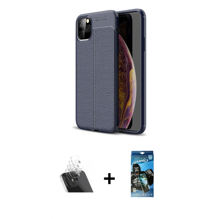 MARSİLYAN™- iPhone 11 Pro Kılıf Doruk Klasik Özel Seri - Siyah 34D Izgaralı Cam + Kamera Lens Koruma Cam - SF