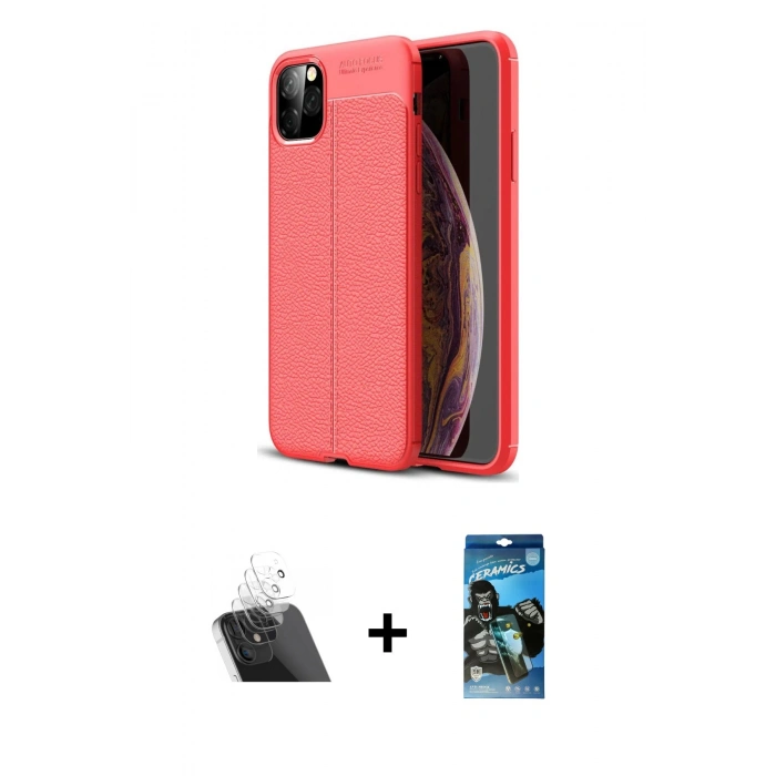 MARSİLYAN™- iPhone 11 Pro Kılıf Doruk Klasik Özel Seri - Siyah 34D Izgaralı Cam + Kamera Lens Koruma Cam - SF