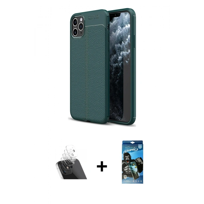 MARSİLYAN™- iPhone 11 Pro Kılıf Doruk Klasik Özel Seri - Siyah 34D Izgaralı Cam + Kamera Lens Koruma Cam - SF