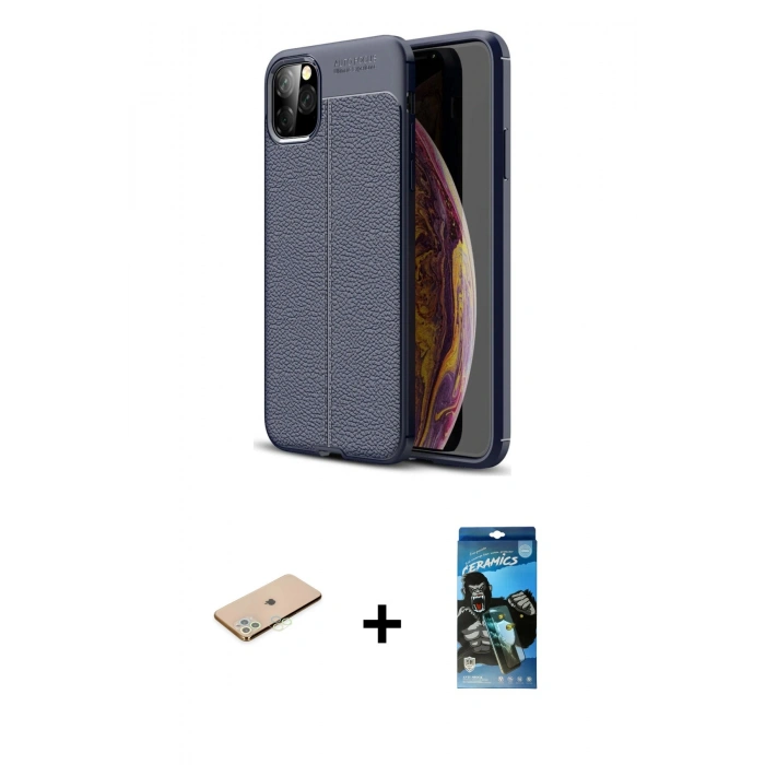 MARSİLYAN™- iPhone 11 Pro Kılıf Doruk Klasik Özel Seri - Siyah 34D Izgaralı Cam + Renkli Kamera Lens Koruma Cam - YL