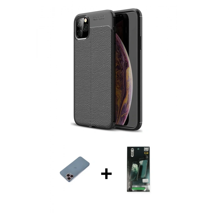 MARSİLYAN™- iPhone 11 Pro Kılıf Doruk Klasik Özel Seri - Siyah 360 Mat Full Body Arka Koruyucu + Shine Kamera Lens Koruma Cam - PE