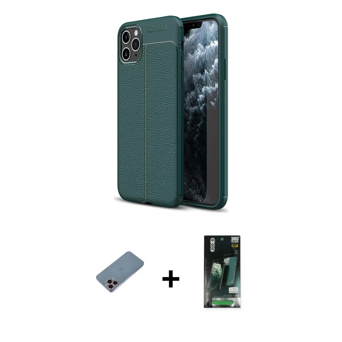 MARSİLYAN™- iPhone 11 Pro Kılıf Doruk Klasik Özel Seri - Siyah 360 Mat Full Body Arka Koruyucu + Shine Kamera Lens Koruma Cam - PE