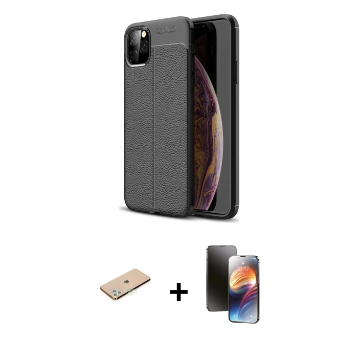 MARSİLYAN™- iPhone 11 Pro Kılıf Doruk Klasik Özel Seri - Siyah 3D Antistatik Mat Seramik Nano Ekran Koruyucu + Renkli Kamera Lens Koruma Cam - YL