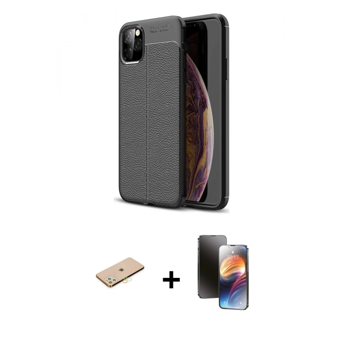 MARSİLYAN™- iPhone 11 Pro Kılıf Doruk Klasik Özel Seri - Siyah 3D Antistatik Mat Seramik Nano Ekran Koruyucu + Renkli Kamera Lens Koruma Cam - SI