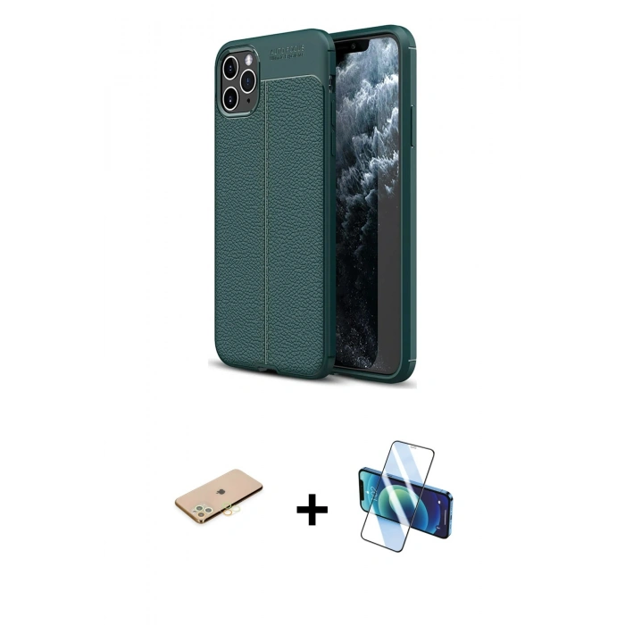 MARSİLYAN™- iPhone 11 Pro Kılıf Doruk Klasik Özel Seri - Siyah 3D Antistatik Seramik Nano Ekran Koruyucu + Renkli Kamera Lens Koruma Cam - SI