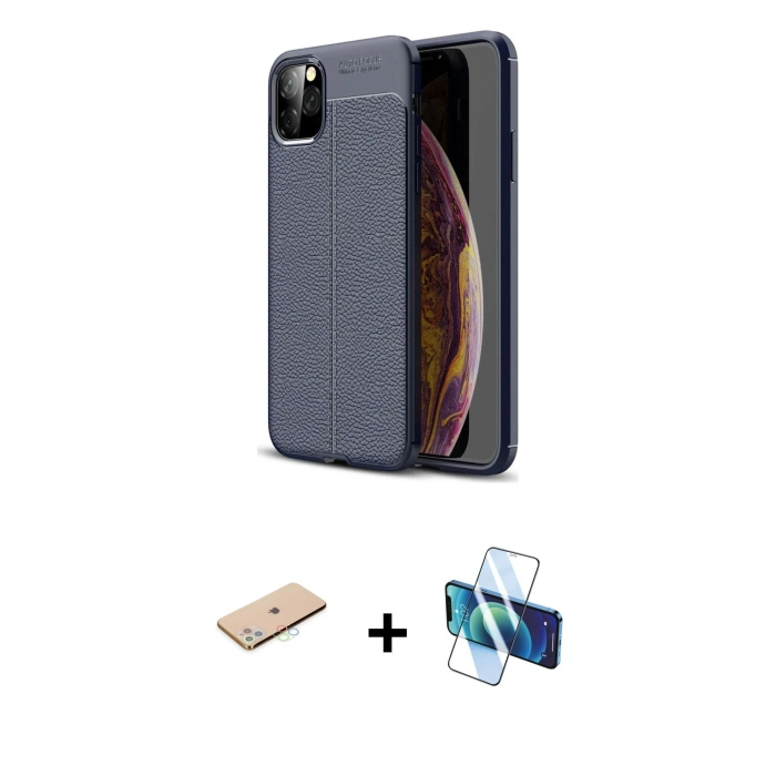 MARSİLYAN™- iPhone 11 Pro Kılıf Doruk Klasik Özel Seri - Siyah 3D Antistatik Seramik Nano Ekran Koruyucu + Renkli Kamera Lens Koruma Cam - MI