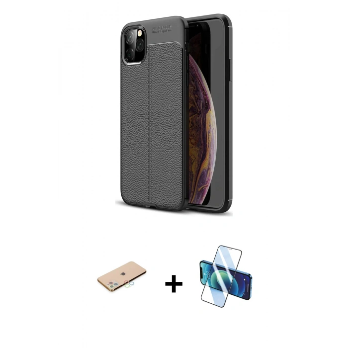 MARSİLYAN™- iPhone 11 Pro Kılıf Doruk Klasik Özel Seri - Siyah 3D Antistatik Seramik Nano Ekran Koruyucu + Renkli Kamera Lens Koruma Cam - MI