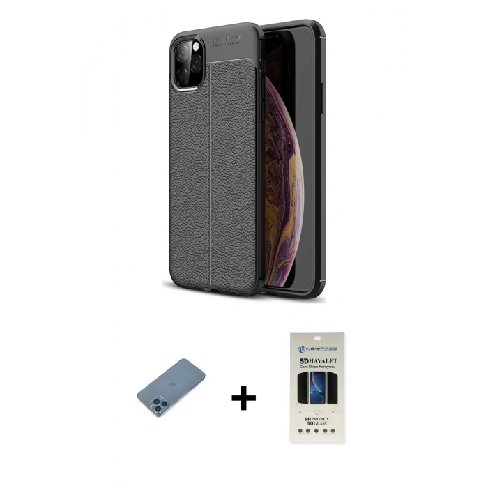 MARSİLYAN™- iPhone 11 Pro Kılıf Doruk Klasik Özel Seri - Siyah 5D Hayalet Cam Ekran Koruyucu + Shine Kamera Lens Koruma Cam - MI