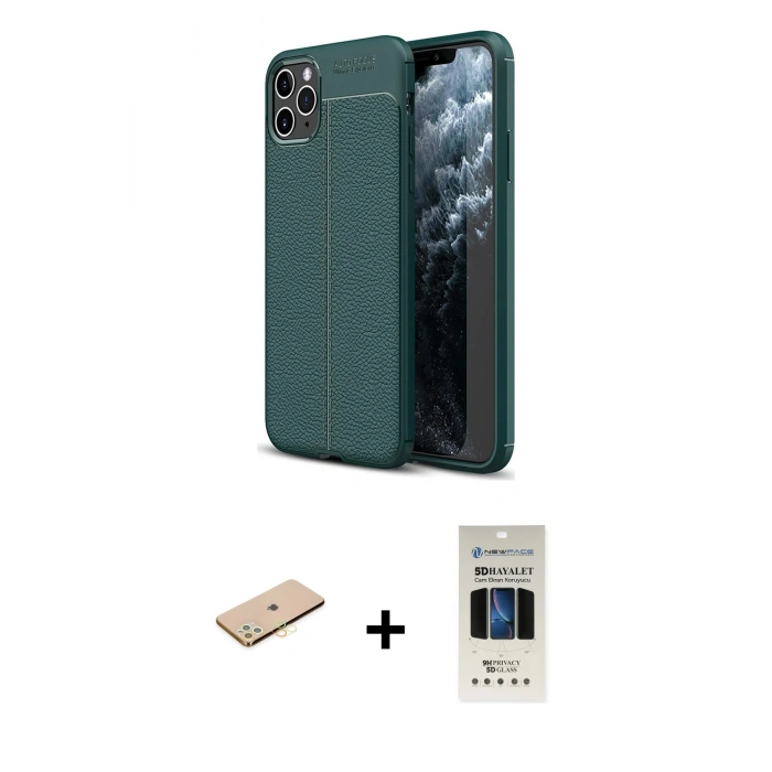 MARSİLYAN™- iPhone 11 Pro Kılıf Doruk Klasik Özel Seri - Siyah 5D Hayalet Cam Ekran Koruyucu + Renkli Kamera Lens Koruma Cam - PE