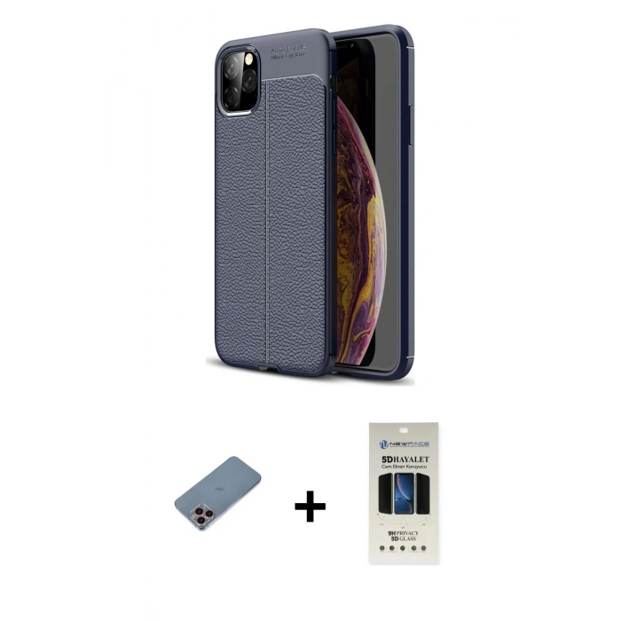 MARSİLYAN™- iPhone 11 Pro Kılıf Doruk Klasik Özel Seri - Siyah 5D Hayalet Cam Ekran Koruyucu + Shine Kamera Lens Koruma Cam - PE