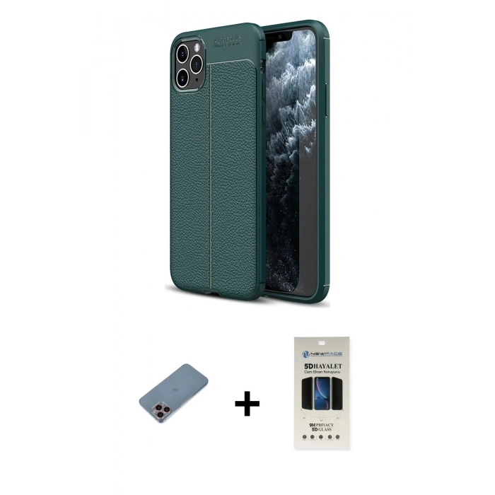 MARSİLYAN™- iPhone 11 Pro Kılıf Doruk Klasik Özel Seri - Siyah 5D Hayalet Cam Ekran Koruyucu + Shine Kamera Lens Koruma Cam - PE