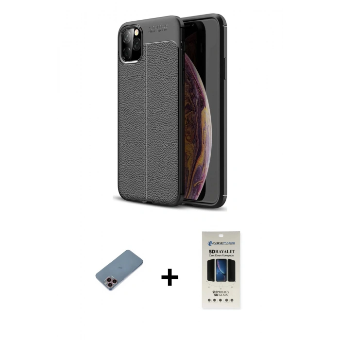 MARSİLYAN™- iPhone 11 Pro Kılıf Doruk Klasik Özel Seri - Siyah 5D Hayalet Cam Ekran Koruyucu + Shine Kamera Lens Koruma Cam - PE
