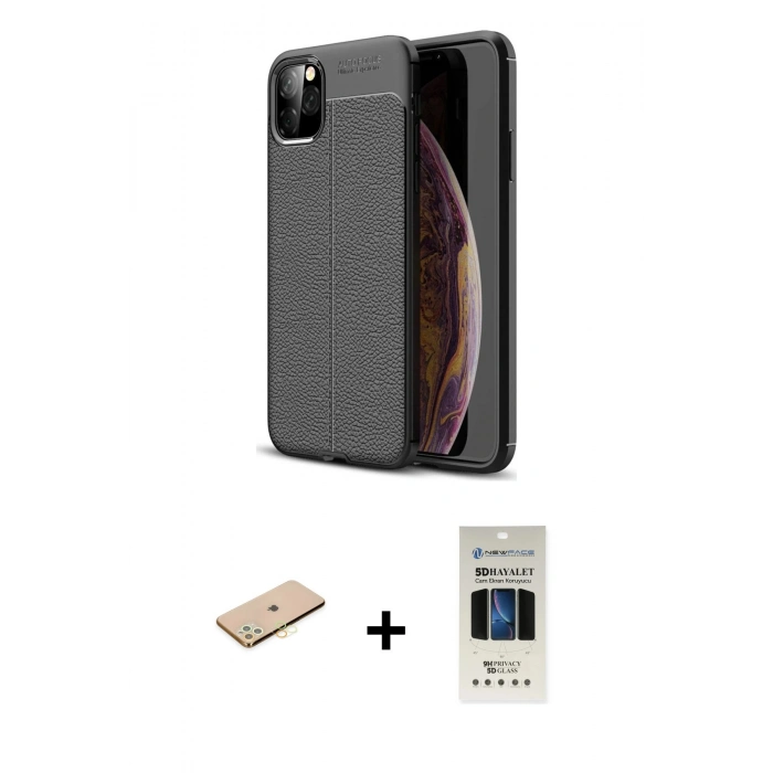 MARSİLYAN™- iPhone 11 Pro Kılıf Doruk Klasik Özel Seri - Siyah 5D Hayalet Cam Ekran Koruyucu + Renkli Kamera Lens Koruma Cam - SI
