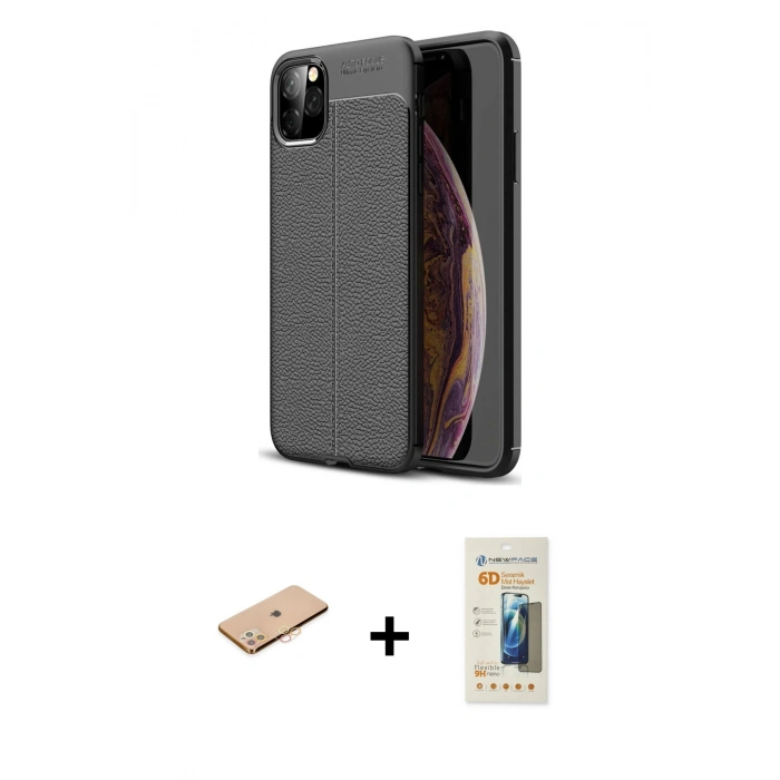 MARSİLYAN™- iPhone 11 Pro Kılıf Doruk Klasik Özel Seri - Siyah 6D Mat Seramik Hayalet Nano Ekran Koruyucu + Renkli Kamera Lens Koruma Cam - TU