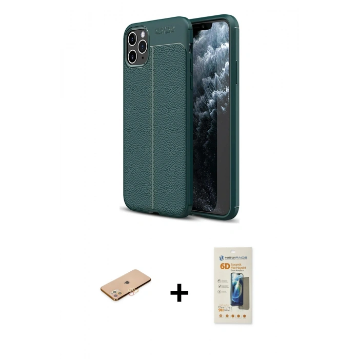 MARSİLYAN™- iPhone 11 Pro Kılıf Doruk Klasik Özel Seri - Siyah 6D Mat Seramik Hayalet Nano Ekran Koruyucu + Renkli Kamera Lens Koruma Cam - TU