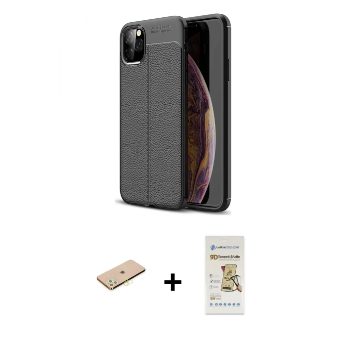MARSİLYAN™- iPhone 11 Pro Kılıf Doruk Klasik Özel Seri - Siyah Mat Seramik Nano Ekran Koruyucu + Renkli Kamera Lens Koruma Cam - PE