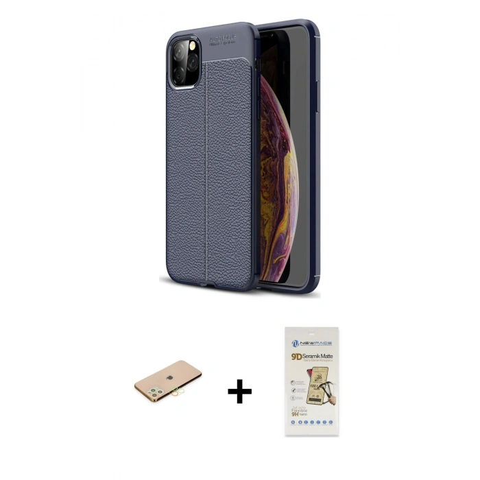 MARSİLYAN™- iPhone 11 Pro Kılıf Doruk Klasik Özel Seri - Siyah Mat Seramik Nano Ekran Koruyucu + Renkli Kamera Lens Koruma Cam - PE