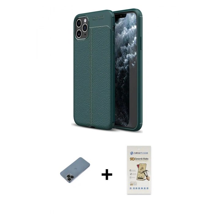 MARSİLYAN™- iPhone 11 Pro Kılıf Doruk Klasik Özel Seri - Siyah Mat Seramik Nano Ekran Koruyucu + Shine Kamera Lens Koruma Cam - SH