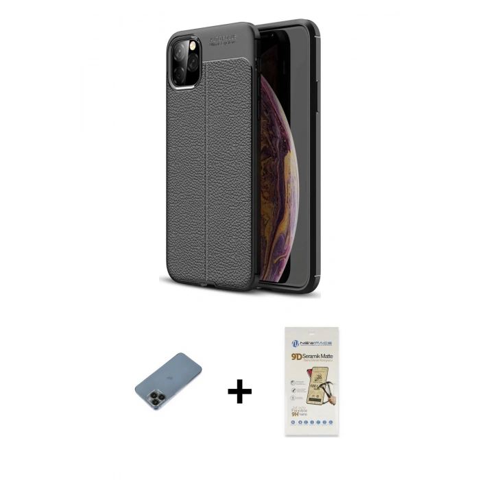 MARSİLYAN™- iPhone 11 Pro Kılıf Doruk Klasik Özel Seri - Siyah Mat Seramik Nano Ekran Koruyucu + Shine Kamera Lens Koruma Cam - SH