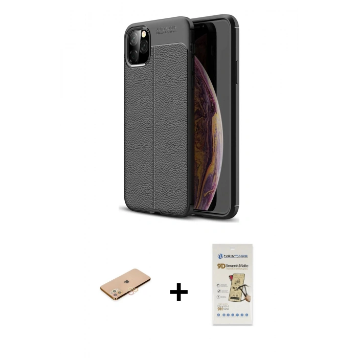 MARSİLYAN™- iPhone 11 Pro Kılıf Doruk Klasik Özel Seri - Siyah Mat Seramik Nano Ekran Koruyucu + Renkli Kamera Lens Koruma Cam - TU