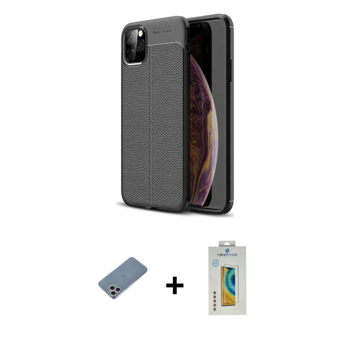 MARSİLYAN™- iPhone 11 Pro Kılıf Doruk Klasik Özel Seri - Siyah Polymer Nano Ekran Koruyucu + Shine Kamera Lens Koruma Cam - GS