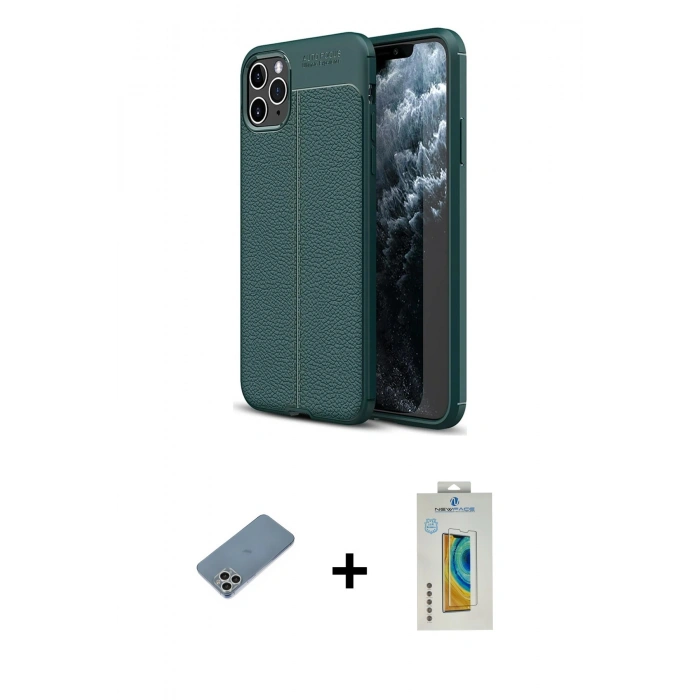 MARSİLYAN™- iPhone 11 Pro Kılıf Doruk Klasik Özel Seri - Siyah Polymer Nano Ekran Koruyucu + Shine Kamera Lens Koruma Cam - GS