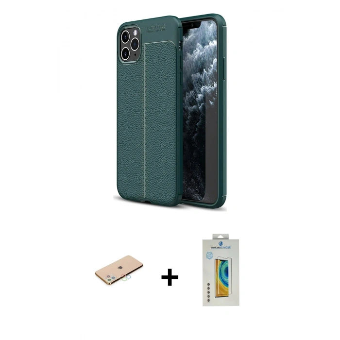 MARSİLYAN™- iPhone 11 Pro Kılıf Doruk Klasik Özel Seri - Siyah Polymer Nano Ekran Koruyucu + Renkli Kamera Lens Koruma Cam - MI