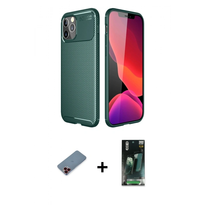 MARSİLYAN™- iPhone 11 Pro Kılıf Eksen Form Prime - Şeffaf 360 Full Body Arka Koruyucu + Metal Kamera Lens Koruma Cam - KI